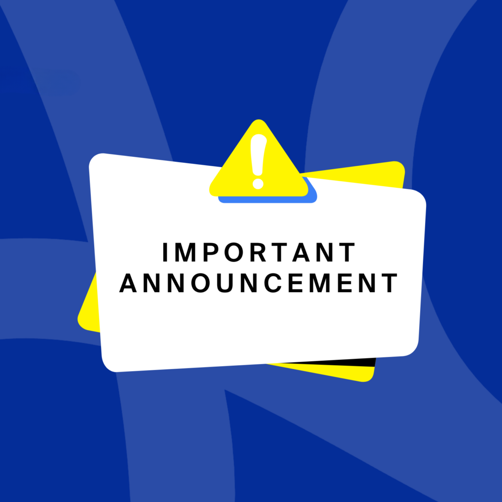 The text "Important Announcement" on stylized note cards with a yellow "alert" triangle at the top.