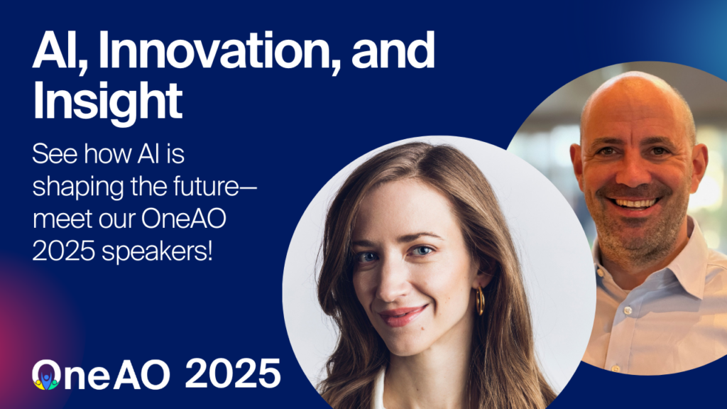 A blue banner reading "AI, Innovation, and Insight: See how AI is shaping the future—meet our OneAO 2025 speakers!"