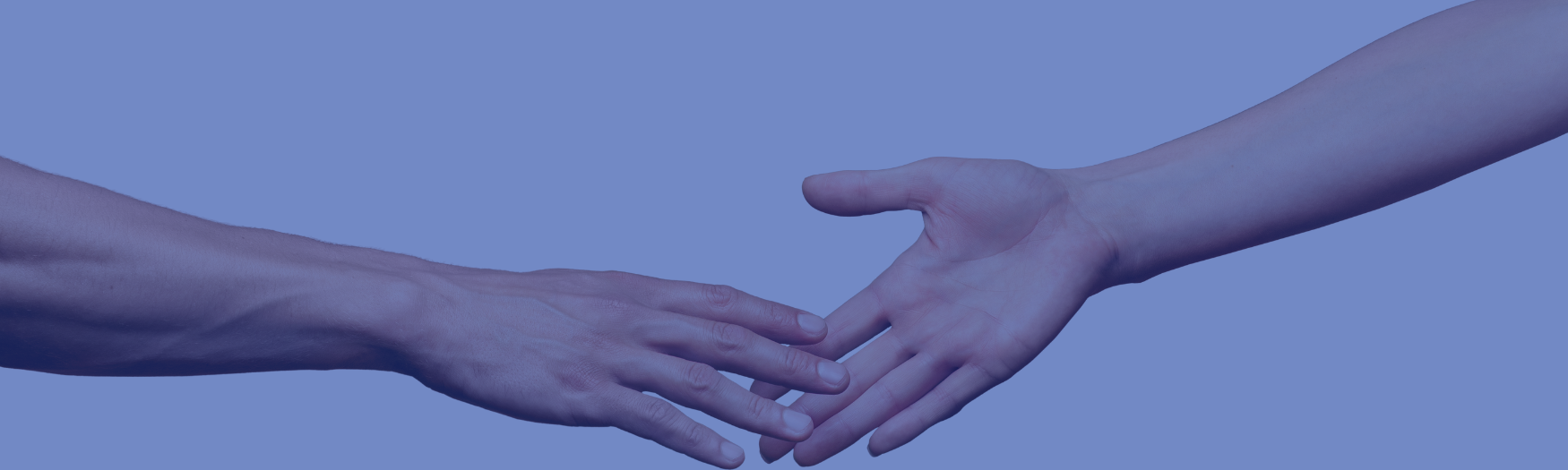 Two people reaching for each other's hands, under a blue overlay.