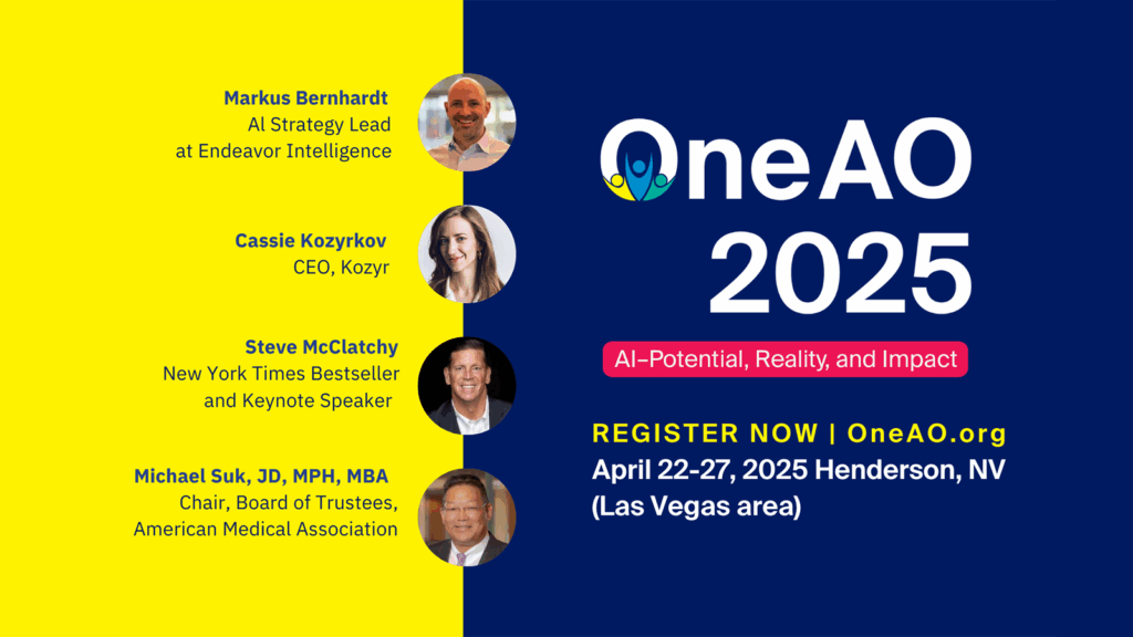 A yellow and blue event header for OneAO 2025: "AI - Potential, Reality and Impact", featuring the speakers Markus Bernhardt (AI Strategy Lead at Endeavor Intelligence), Cassie Kozyrkov (CEO, Kozyr), Steve McClatchy (New York Times Besteller and Keynote Speaker), and Michale Suk, JD, MPH, MBA (Chair of the Board of Trustees, American Medical Association).