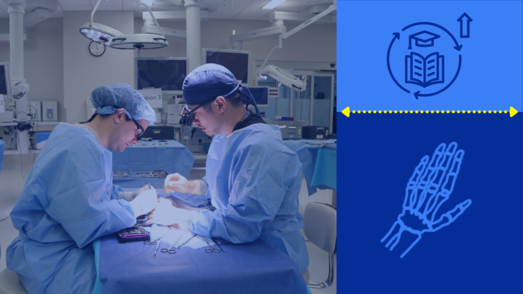 Surgeons in blue scrubs work together on a hand surgery.